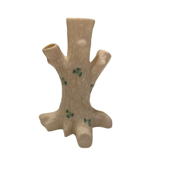 Vintage Belleek Ireland Porcelain Shamrock Triple Trunk Tree Shape Bud Vase - Picture 4 of 13
